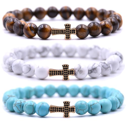 Beaded Bracelets Cross Bracelet for Women Men Lava Rock Turquoise Tiger Eye Natural Bracelet Anxiety Healing - color: 3Pcs-golden zircon cross