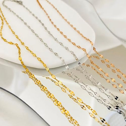 Gold Silver Necklace Chain With Adjustable Lobster Clasp, Diamond Cut Geometric Gold Beads Stationed on Dainty 2mm Cable Box Chain, 16 Inches Rolo Oval Figaro Link Singapore Chain. - color: Silver03