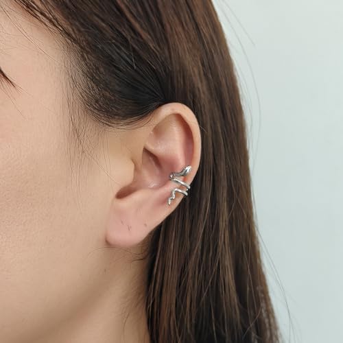 Gold Ear Cuff Earrings for Women Non Piercing 14K Gold Plated/Silver Cuff Clip On Cartilage Hoop Shining Cubic Zirconia Twisted Chain Ear Clip On Earring for Women Chunky Ear Cuffs Earrings - color: Silver-Snake