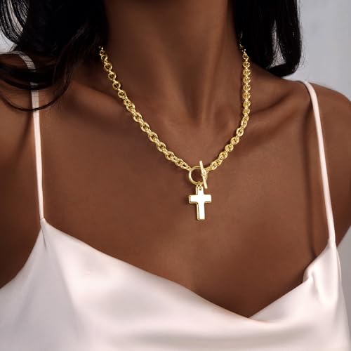 Airmb Cross Necklace for Women Gold/Silver Plated Layered Dainty Cross Chain Trendy Choker Satellite Charm Small Crucifix Pendant Gold/Silver Necklace Stackable Hypoallergenic Delicate Gift for Women - color: Gold-Chunky Cross