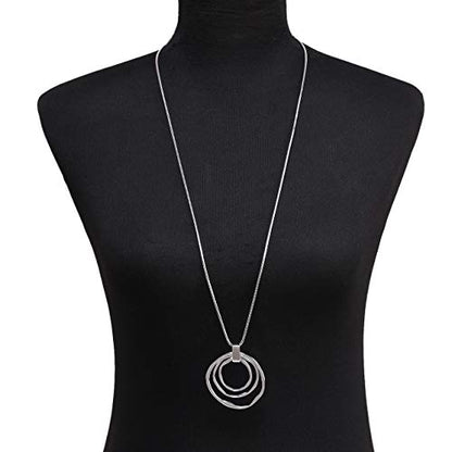 NVENF Long Sweater Chain Double Circle Pendant Necklace Bold Snake Chain Women Statement Necklace - color: D Silver triple