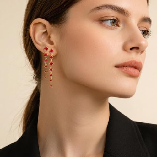 2 Pairs Long Diamond Dangle Tassel Earrings for Women | 14K Gold Silver Plated, Dainty Diamond Crystal Drop Earring, Small Cz Statement Dangly, for Wedding Bridesmaid, Jewelry Gifts - color: 2 Pairs Gold-Red