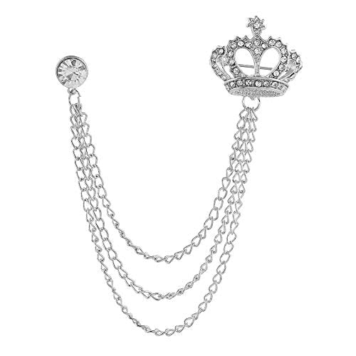 Rhinestone Crown Long Chain Brooch.Gold Silver Tassel Brooch Pin,Retro Crystal Suit Pins Collar Coat Pin for Men's Accessories Pin Husband Gifts - color: Silver