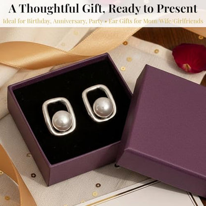 Pearl Geometric Stud Earrings for Women - 14k Gold Plated Pearl Square Studs 316 Stainless Steel Hypoallergenic Minimalist Rectangle Ear Jewelry Birthday Gifts for Her