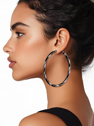 PROSTEEL Chunky Hoop Earrings for Women 14K Gold Plated/Black/Silver | 20/30/40/50/60/70/80mm Stainless Steel Thick Big Round Hoop with Waterproof and Non Tarnish Trendy Jewelry with Gift Box - color: 4. Black, size: 80MM