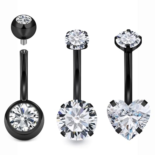 Belly Button Rings Surgical Steel Internally Threaded Belly Button Ring 10MM/12MM/14MM/16MM Navel Rings for Women Clear CZ 14G Long Bar Navel Piercing Jewelry - color: black, size: 10mm bar length