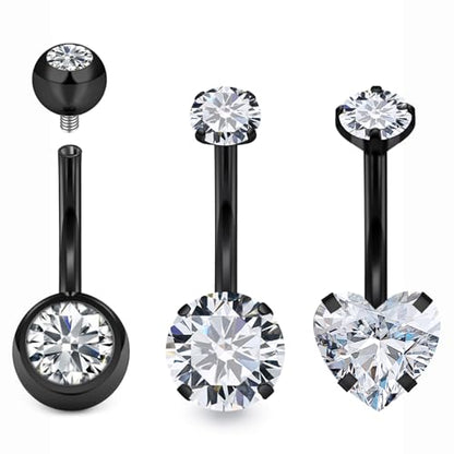 Belly Button Rings Surgical Steel Internally Threaded Belly Button Ring 10MM/12MM/14MM/16MM Navel Rings for Women Clear CZ 14G Long Bar Navel Piercing Jewelry - color: black, size: 10mm bar length
