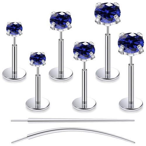 F136 Titanium 20/18/16G Earrings Nose Lip Rings Medusa Tragus Cartilage Helix Labret Flat Back Threadless Implant Grade Stud Piercing Jewelry for Women - color: Blue CZ, size: 18g*6/7/8mm*2/3/4mm