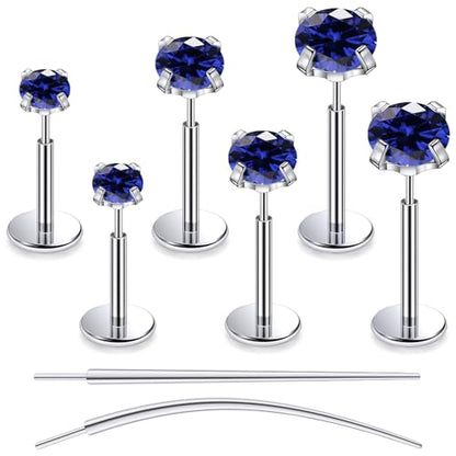 F136 Titanium 20/18/16G Earrings Nose Lip Rings Medusa Tragus Cartilage Helix Labret Flat Back Threadless Implant Grade Stud Piercing Jewelry for Women - color: Blue CZ, size: 18g*6/7/8mm*2/3/4mm