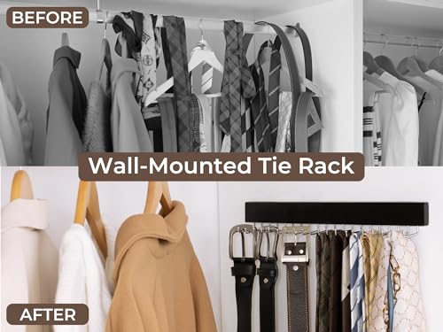 StorageWorks Tie Rack with 20 Hooks, 2 Set Wall Mounted Wood Hanger, Black | Sturdy Black Tie Rack Hanger with 180° Swivel Hooks, Wall-Mounted Space Saver for Ties, Belts, Scarves in Closet - color: Black (With 20 Hooks)