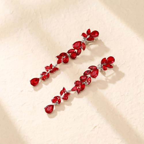 Crysdue Clip On Earrings for Women Rhinestone Crystal Teardrop Cluster Wedding Bridal Non Pierced Long Dangle Earring for Prom Party - color: Red Silver-Tone