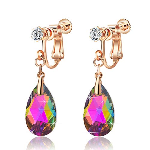 EVEVIC Austrian Crystal Teardrop Clip On Drop Earrings for Women | Adjustable Screw-Back Fit, 14K Rose Gold-Plated, Soft Silicone Pads Included, Comfortable For Pierced Or Non-Pierced Ears - color: Vitrail Medium