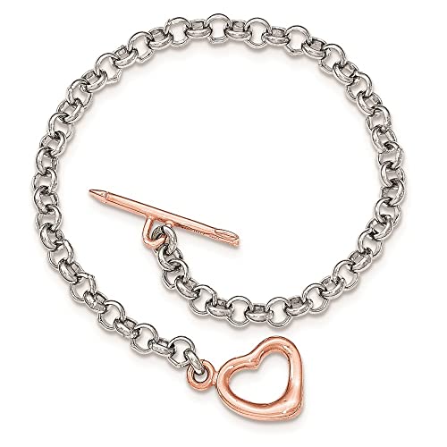 Diamond2Deal Sterling Silver Rhodium-plated Rose-tone Rolo Chain with Heart Bracelet 7.75"