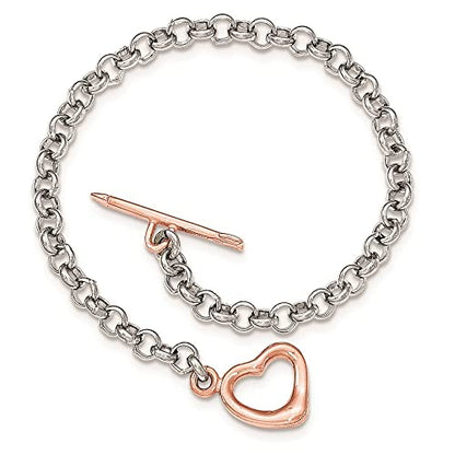 Diamond2Deal Sterling Silver Rhodium-plated Rose-tone Rolo Chain with Heart Bracelet 7.75"