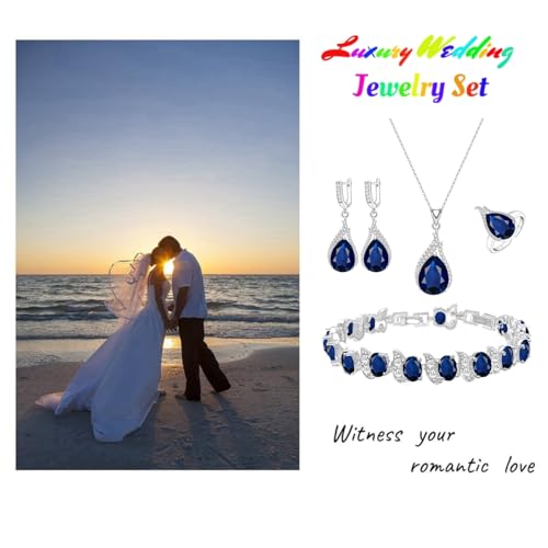 LMXXVJ Jewelry Set for Women,Teardrop Cubic Zirconia Necklace Earrings Adjustable Ring Bracelet Jewelry Set Formal Jewelry Gift - color: ZYSD-White Gold-Blue