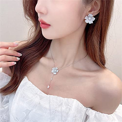 Crystal Flower Drop Y Necklace for Women Cubic Zirconia Diamond Shell Pearl Charms Pendant Choker Chain Adjustable Fashion Shiny Wedding Birthday Anniversary Jewelry Gift Box