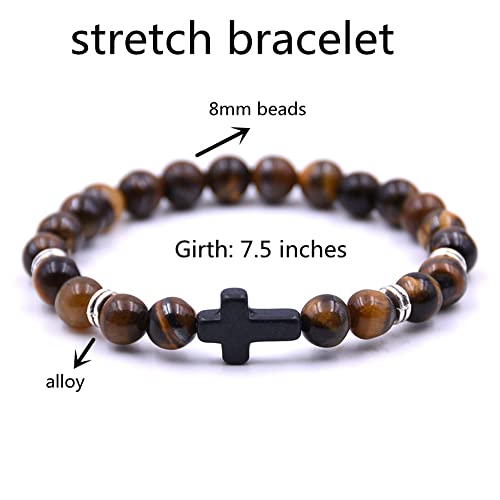 Beaded Bracelets Cross Bracelet for Women Men Lava Rock Turquoise Tiger Eye Natural Bracelet Anxiety Healing - color: 6 Pcs- black cross
