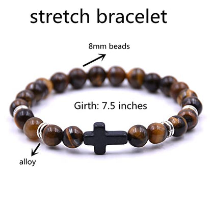 Beaded Bracelets Cross Bracelet for Women Men Lava Rock Turquoise Tiger Eye Natural Bracelet Anxiety Healing - color: 6 Pcs- black cross