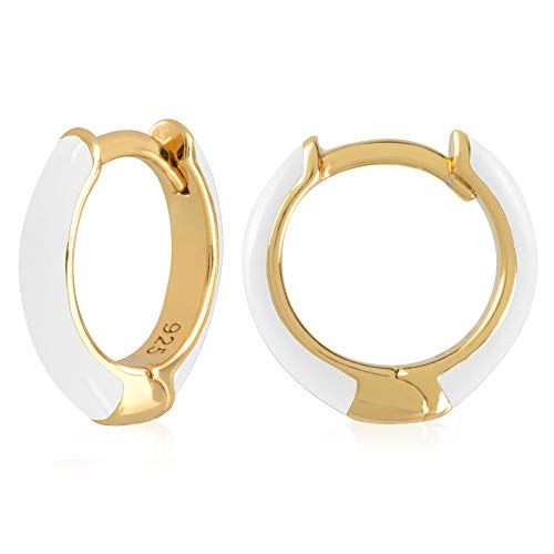 14K Gold Plated Sterling Silver Enamel Color Huggie Hoop Earrings for Women – Wide Range of Vibrant Color Options Available - color: White