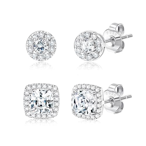 18K Gold Plated Halo Stud Earrings 925 Sterling Silver Cubic Zirconia Stud Earrings Round Square Diamonique Stud Earrings Set for Women Men - color: Silver2