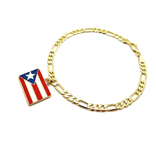 Women's Flag Pendant 5mm 10" Figaro Chain Ankle Bracelet Anklet - style: Puerto Rico/Gold-Tone