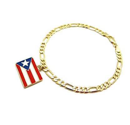 Women's Flag Pendant 5mm 10" Figaro Chain Ankle Bracelet Anklet - style: Puerto Rico/Gold-Tone