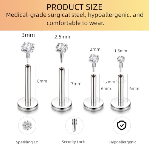 16G 18G 20G Hypoallergenic Threadless Flat Back Nose Studs Women | Medical Steel, CZ 1.5-3mm, Nostril Tragus Helix Piercing, A Secure Fit And Everyday Wear For Sensitive Skin - color: Silver-16G-E