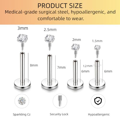 16G 18G 20G Hypoallergenic Threadless Flat Back Nose Studs Women | Medical Steel, CZ 1.5-3mm, Nostril Tragus Helix Piercing, A Secure Fit And Everyday Wear For Sensitive Skin - color: Silver-16G-E