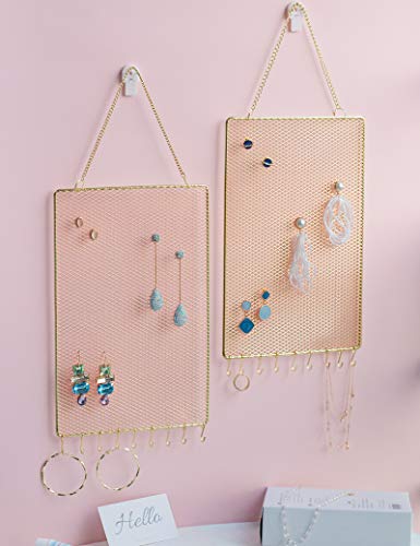 Heesch 2 Pack Earring Holder Wall Mounted Hanging Jewelry Organizer Display Decorative Metal Diamond Shape with Hooks for Necklaces Bracelets (Gold)