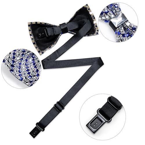 DiBanGu Mens Rhinestone Bow Tie with Ring and Lapel Pin Set | Adjustable Strap,Pre-tied Style,3PCS,Sequin Diamond Bowties，Solid/Mix Color,Shiny Accessory,for Party Prom Banquet Wedding - color: Royal Blue