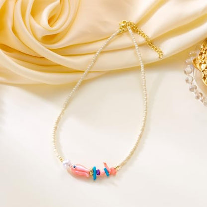 Seed Bead Choker Necklace for Women Bohemian Tiny Beads Choker Colorful Rice Bead Starfish Choker Summer Surfer Beach Necklace Jewelry Gift - color: F - Pearl Fish