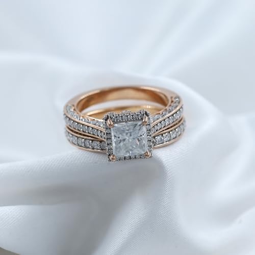 6MM Center Halo Princess Cut Bridal Set Engagement Ring for Women, 2 CT | Metal: Sterling Silver|Stone: Moissanite - color: Rose Gold