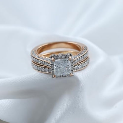 6MM Center Halo Princess Cut Bridal Set Engagement Ring for Women, 2 CT | Metal: Sterling Silver|Stone: Moissanite - color: Rose Gold