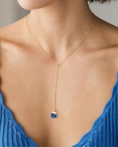 Lariat Necklace for Women Dainty Gold Long Crystal Drop Y-Shaped Necklace | 14k Gold Plated Crystal Drop Necklace Trendy Non Tarnish Simple Gold Jewelry For Wedding, Prom, Daily - color: Lapis Lazuli