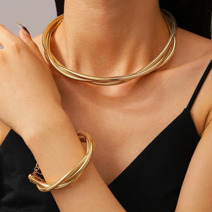 Chunky Gold Collar Choker Statement Necklace for Women Trendy | Gold Plated Layered Twist Flat Thick Snake Herringbone Chain African Torque Necklace Prom Boho Necklaces Party Jewelry Gift - style: 3 Twisted Chain/Gold