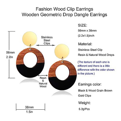 Wooden Geometric Clip On Earrings Women Gold Black Wood Non Pierced Ears Dangle Drop Earrings Triangle Leaf Comfortable Clip Earrings Jewelry - color: Circle_Black+Gold