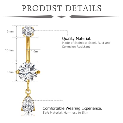 VCMART Belly Button Ring Belly Button Piercing Belly Rings Dangle Belly Button Rings Surgical Steel Clicker Floating Belly Button Rings for Women 14G Silver Gold Belly Navel Piercings Jewelry - color: C3 -2pcs, gold