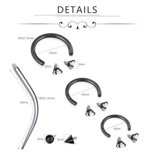 D.Bella 16G Horseshoe Septum Ring Surgical Steel Nose Hoop CZ Earring Eyebrow Lip Tragus Helix Daith Piercing Jewelry for Women Men 8-12mm - color: black
