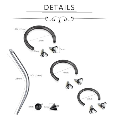 D.Bella 16G Horseshoe Septum Ring Surgical Steel Nose Hoop CZ Earring Eyebrow Lip Tragus Helix Daith Piercing Jewelry for Women Men 8-12mm - color: black