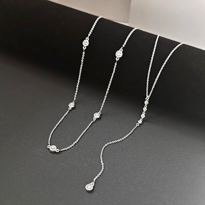 Zeffy Lariat Gold Necklace for Women, Dainty Long Necklace 14k Gold/Silver Plated Layered CZ Beaded Bar Chain Y-Shaped Body Chain Stack Drop Wedding Necklace Trendy Simple Gold Jewelry Gifts - color: Silver CZ Layered Y Necklace(2PCS)