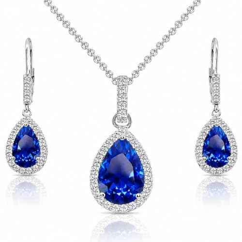 Jewelry Sets for Women, Necklace and Earring Sets for Women, Birthstone Jewelry, Genuine or Synthetic Gemstones, Teardrop Necklace and Dangle Earrings, Pendant Necklace, Sterling Silver Jewelry - color: Created Blue Sapphire
