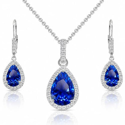 Jewelry Sets for Women, Necklace and Earring Sets for Women, Birthstone Jewelry, Genuine or Synthetic Gemstones, Teardrop Necklace and Dangle Earrings, Pendant Necklace, Sterling Silver Jewelry - color: Created Blue Sapphire