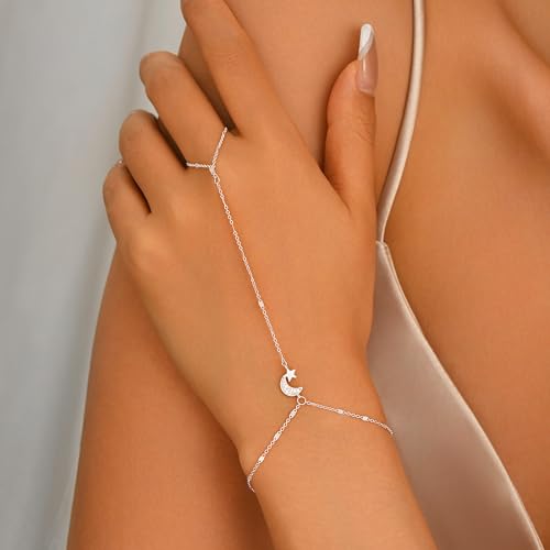 925 Sterling Silver Hand Chain Bracelet for Women | 14k Gold Plated CZ Crystal Heart Starburst Ring Bracelets Hand Chain Diamond Layered Stackable Link Chain Beach Jewelry Gifts - color: SilverE