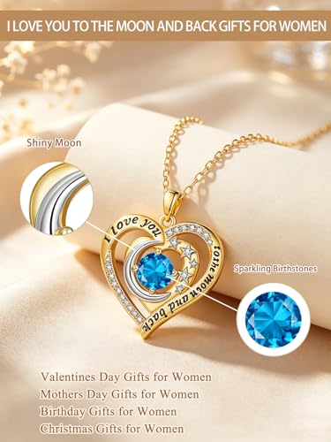 14K Gold I Love You to the Moon and Back Necklace for Women, Double Heart Birthstone Necklace, Moon Star Love Jewelry, Christmas Valentines Mothers Day Birthday Gifts for Wife Mom Girlfriend - color: 12-Dec Birthstone