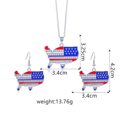 HUJUON American Flag Pendant Necklace Earring Set for Women 4th Of July Butterfly Drop Dangle Hook Earring Independence Day Usa Patriotic Choker Jewelry Gift - color: Map Silver