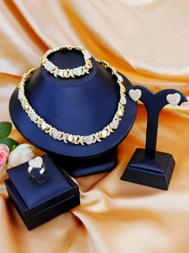 Women's Gold wedding Jewelry Set Tricolor Hugs Kisses Heart necklace set - color: heart Gold 75