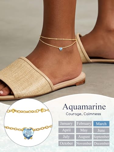 Suplight Gold Plated Butterfly Anklets for Women Waterproof, Layered Boho Ankle Bracelet with Birthstone, Stainless Steel Adjustable Non-Tarnish Heart Foot Jewelry Beach Vacation - color: 03. Heart-Mar. Aquamarine