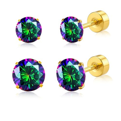 20G G23 Implant Grade Titanium Flat Back Stud Earrings for Women Men, Gold/White Gold Plated Tragus Labret Cartilage Helix F136 Piercing Jewelry for Sensitive Ears, with 4-6mm Cubic Zirconia - color: 2Pairs-20G-Golden-Rainbow Quartz-Stud Earring Sets