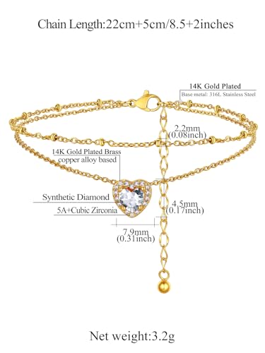 FindChic Bling Heart Birthstone Anklets Layered Beaded Ankle Bracelets for Women Gold/Black/Silver 12 Month Gem Colors Foot Chain Summer Jewelry for Girls, with Gift Box - color: Gold, style: 04. Apr.-Created Diamond