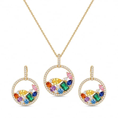 Christmas Jewelry Set for Women, 14K Gold Plated Colorful Cubic Zirconia Necklace and Earrings Set with 925 Sterling Silver Posts, Red Green Holiday Jewelry Gift for Her - color: Rainbow Halo Jewelry Set
